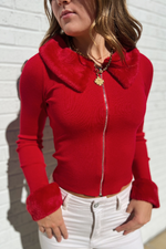 Mattie Faux Fur Zip Sweater - Red