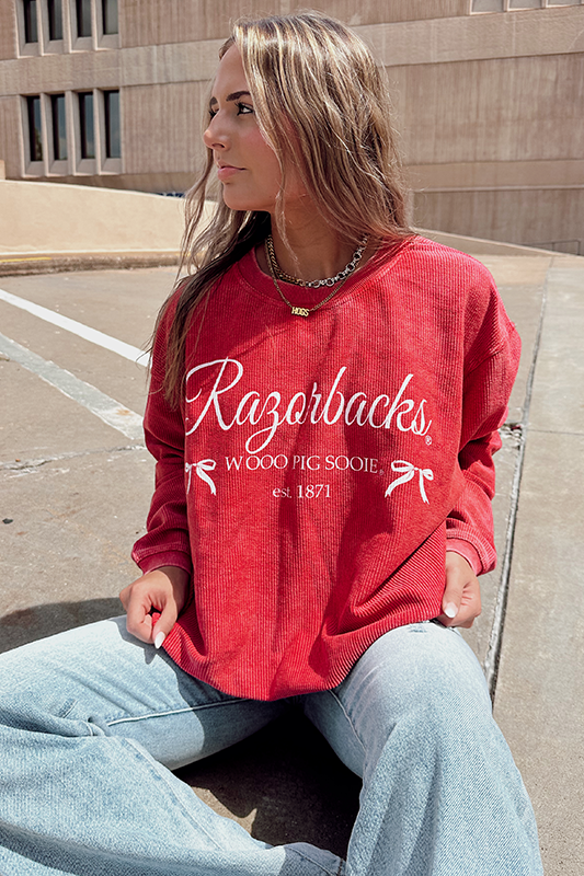 Red Arkansas Established Bows Corded Crew Sweatshirt