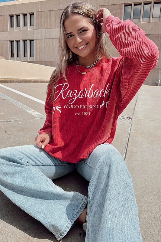 Red Arkansas Established Bows Corded Crew Sweatshirt