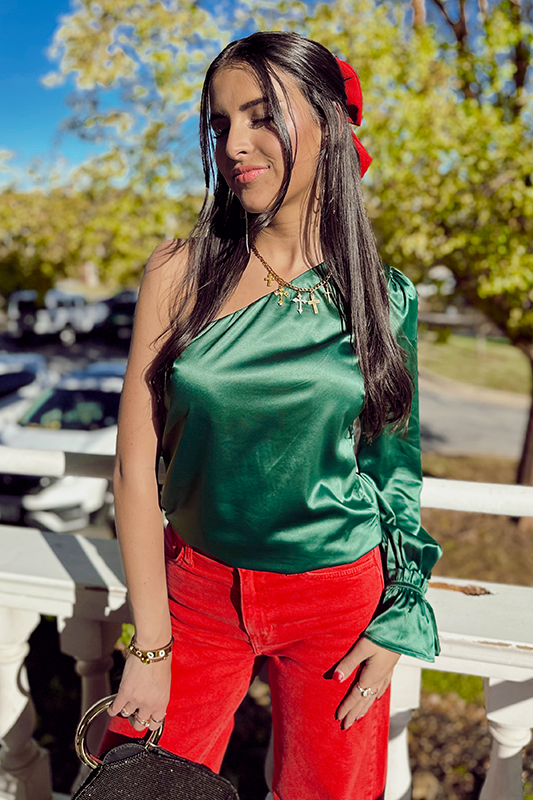 Christmas Cheer Green Satin Top