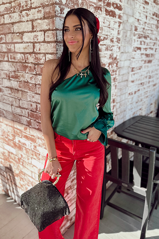 Christmas Cheer Green Satin Top